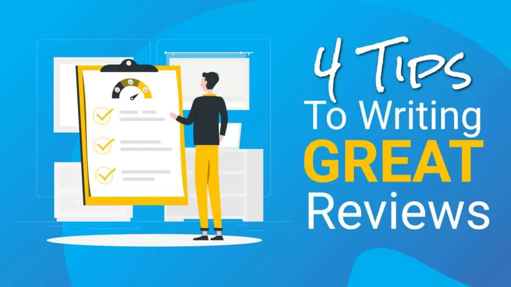 ottawa seo services A person reads a large checklist on a clipboard next to text that says "4 Tips to Writing GREAT Reviews" on a blue background, offering helpful advice for writing reviews effectively.