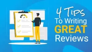 Lead Magnet | Pay Per Click A person reads a large checklist on a clipboard next to text that says "4 Tips to Writing GREAT Reviews" on a blue background, offering helpful advice for writing reviews effectively.