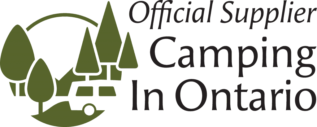 Logo of “Campground Marketing official supplier in Ontario” featuring stylized green trees and a camper van.
