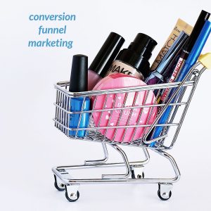A miniature shopping cart filled with makeup and beauty products, with the words "lead generation funnel marketing" in blue text on a white background.
