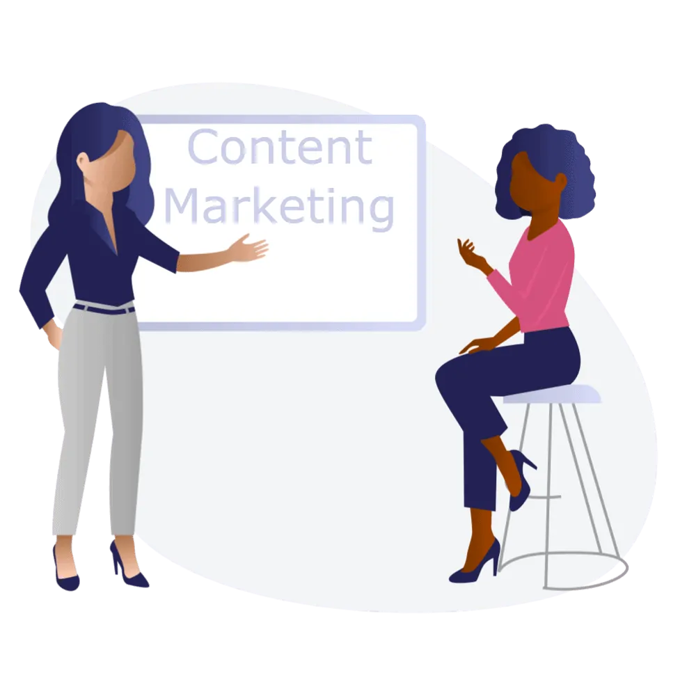 Two women talking about content marketing.