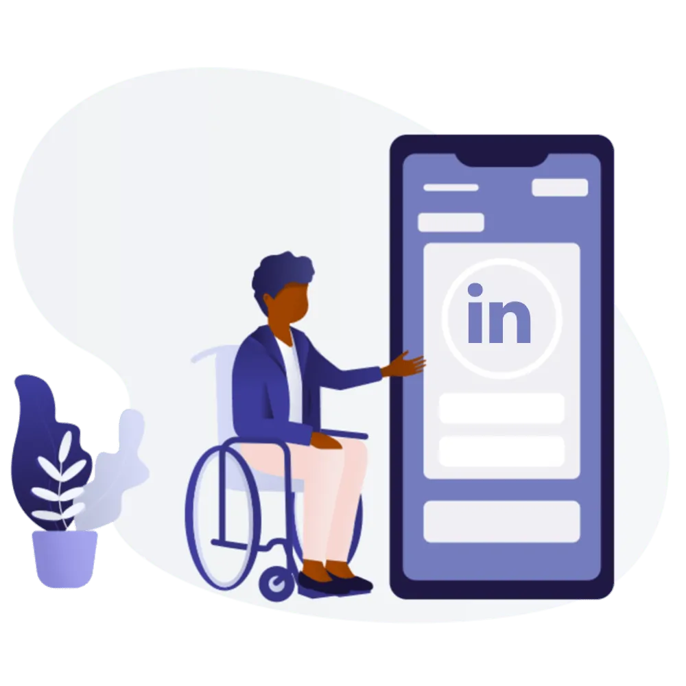 A woman in a wheelchair with a linkedin icon on her phone.