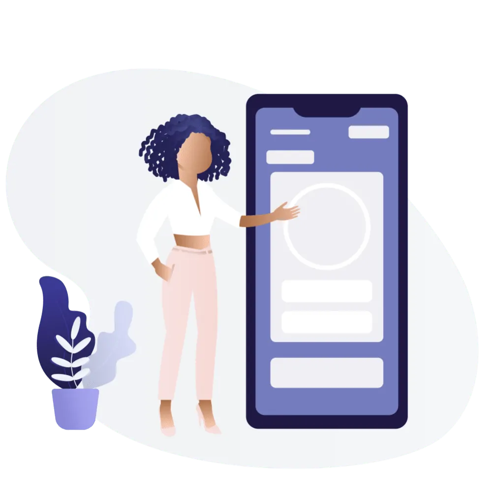 An illustration of a woman pointing at a smartphone screen.