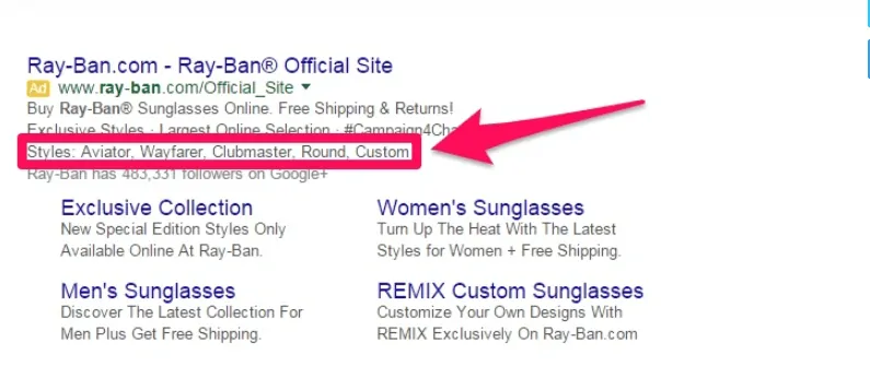 A google ad with a link to a website utilizing google ads extensions.