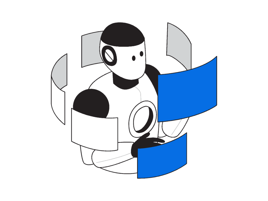 An illustration of a robot holding a laptop with pricing feature.