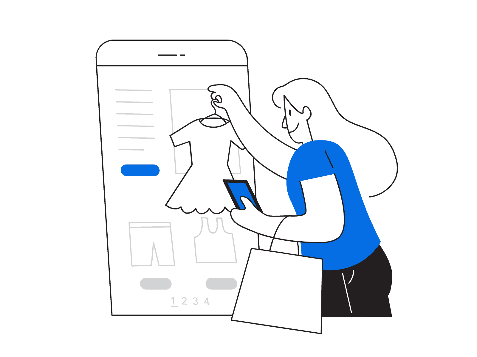 An illustration of a woman comparing pricing options on her phone while looking at a shopping cart.