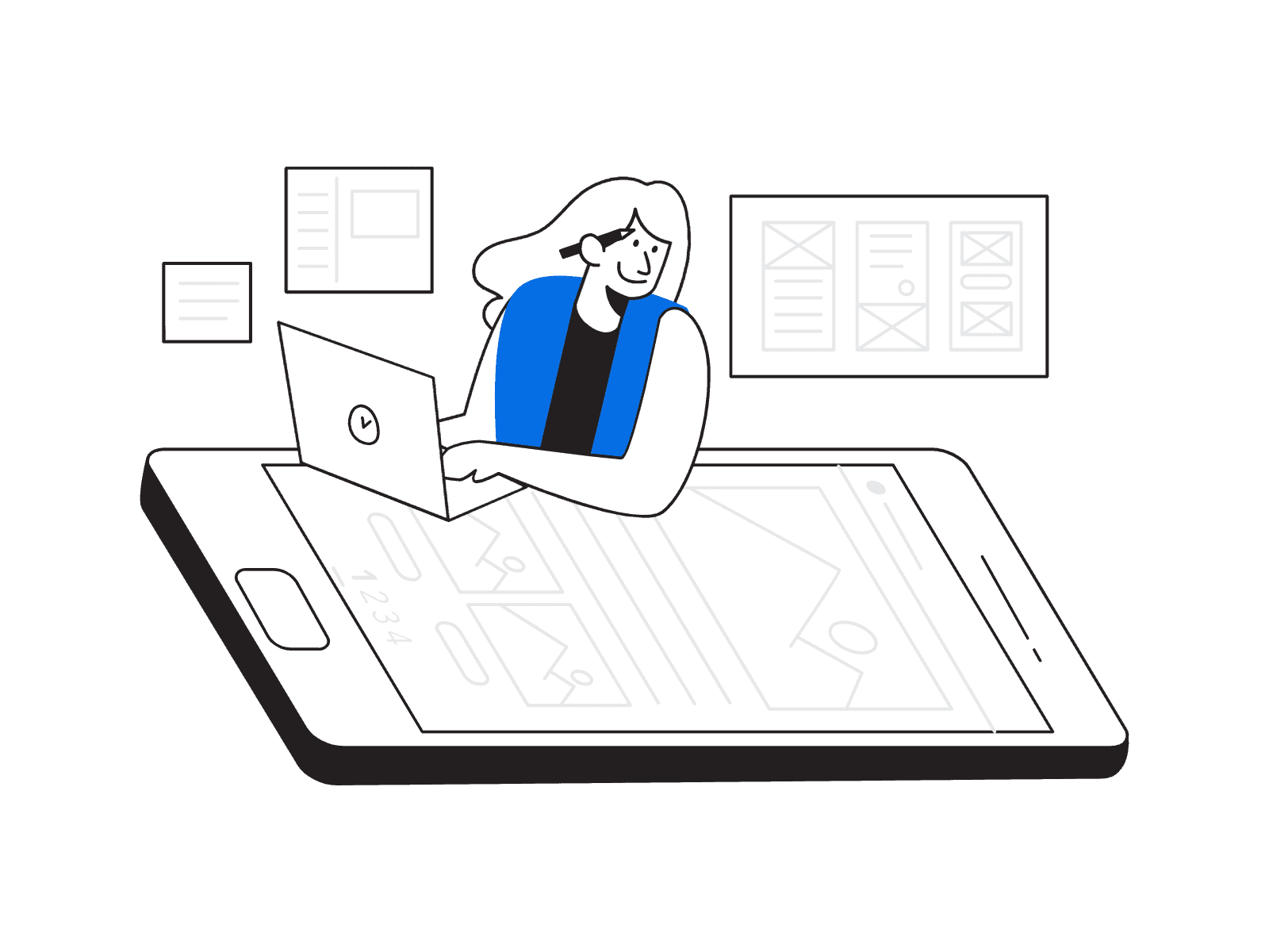 An illustration of a woman working on a laptop while considering pricing options.
