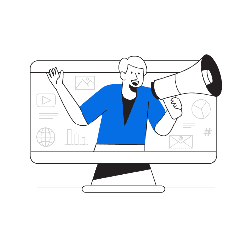 An illustration of a man holding a megaphone in front of a computer screen to announce pricing information.