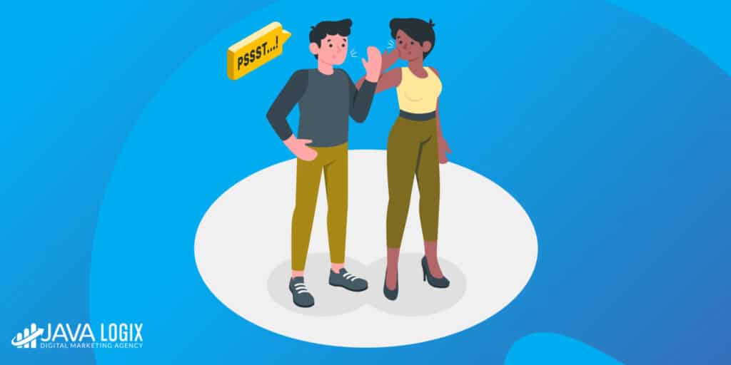 A man whispers to a woman on a white circular platform, with a "Pssst..!" sign nearby—hinting it's smart to outsource reputation management. The Java Logix logo is in the bottom left corner., outsource reputation management