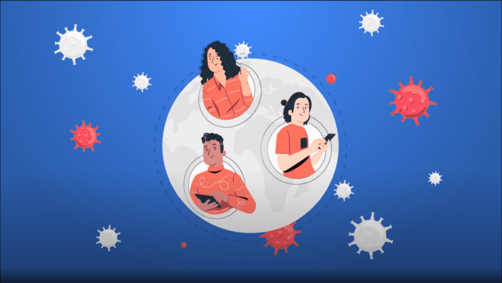 A video marketing agency captures a group of people surrounded by coronaviruses on a blue background, video marketing for business