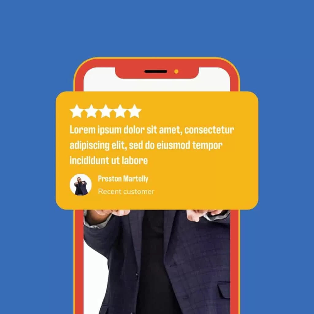 A man showcasing a five-star rated phone in a suit as part of a social media plan.