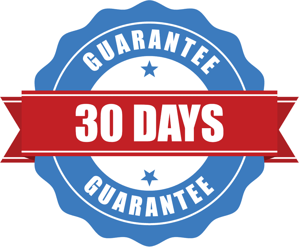A social media plan featuring a 30 days guarantee badge on a blue background.