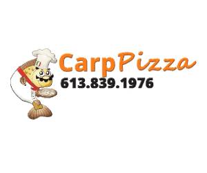 Carp pizza logo on a brown background.