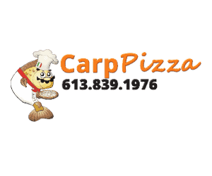 Carp pizza logo on a brown background.