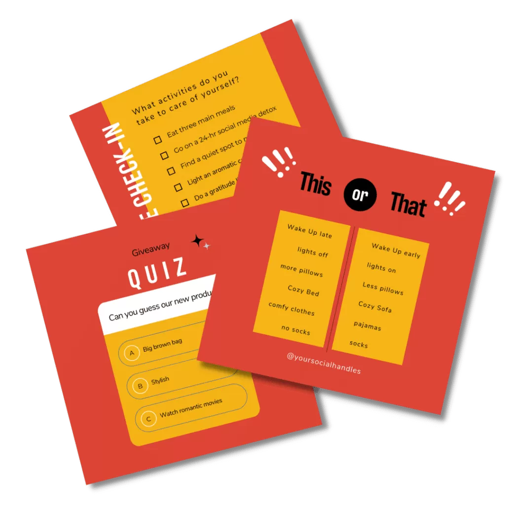 A set of quiz cards designed with a vibrant red and yellow background.