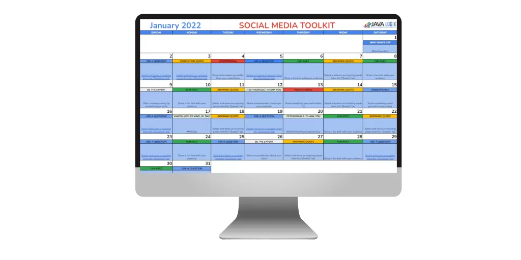 A computer screen displaying a social media plan calendar.