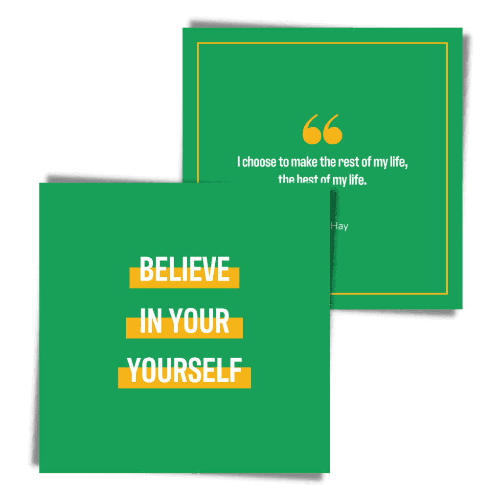 A social media plan featuring a green card with a quote to encourage self-belief.