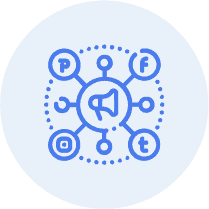 A blue circle with social media icons in it.