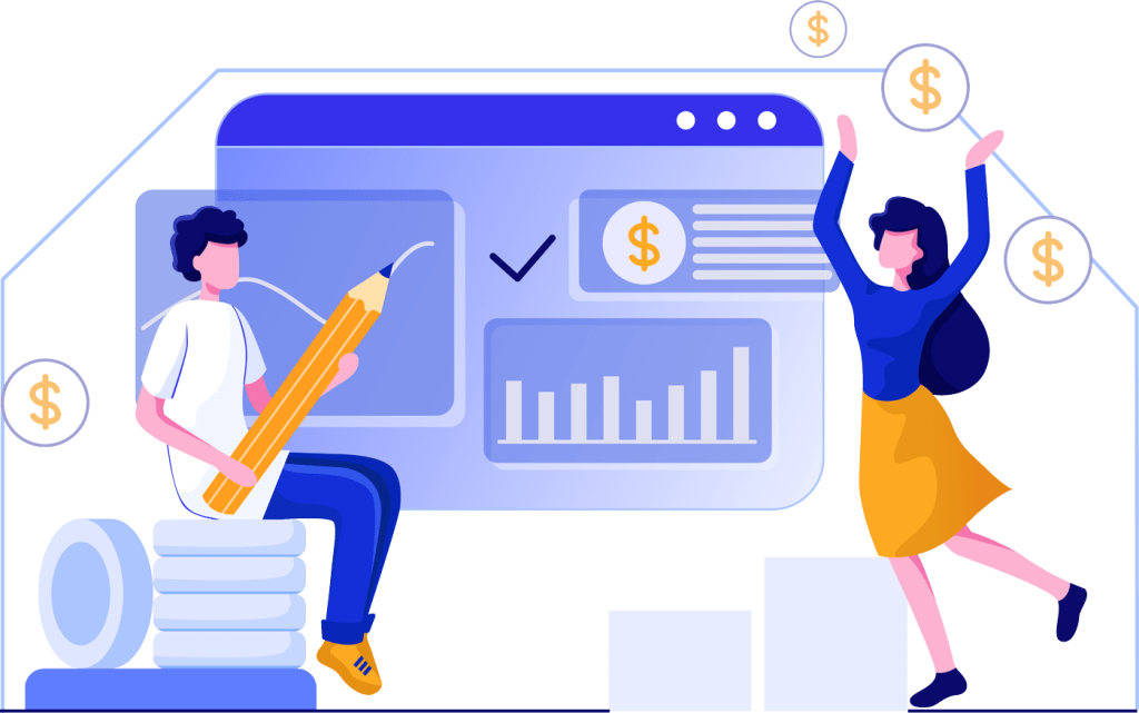 A man and a woman standing next to a computer screen with money on it, facebook marketing services, SEO