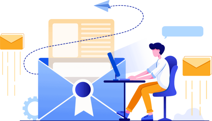 A graphic of a man at a desk using a laptop, with icons of an envelope, certificate, and digital elements symbolizing online communication and achievement in a video marketing agency.