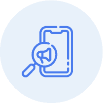 A blue line icon with a magnifying glass on it.