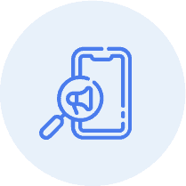 A blue line icon with a magnifying glass on it.