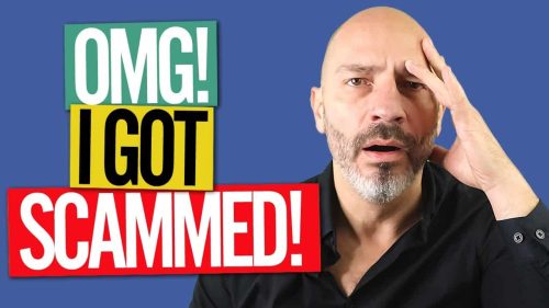 Bald man in a black shirt looks surprised, hand on forehead. Text beside him, "OMG! I GOT SCAMMED!", pops against the blue background. Maybe he should've focused on WordPress speed optimization instead!.