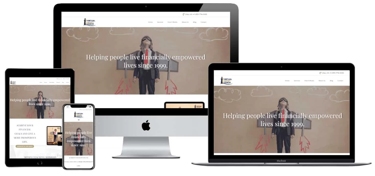 A business website with a woman on a laptop, tablet, and phone.