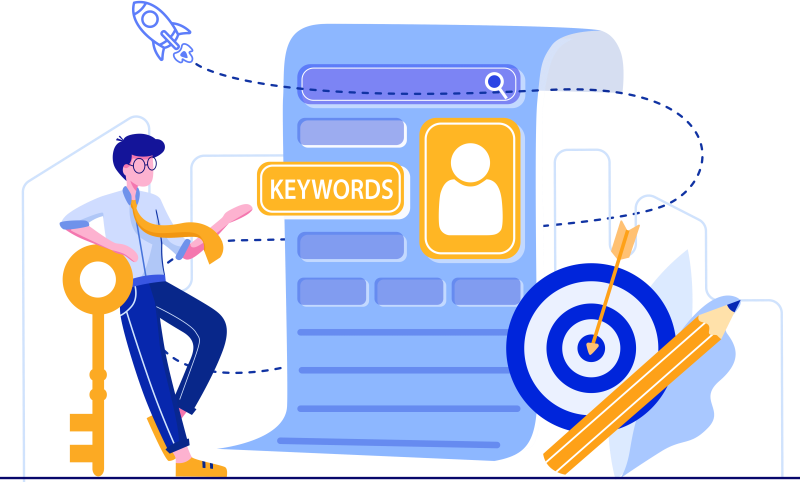 social media marketing services An illustration of a man holding a paper with digital marketing keywords on it.