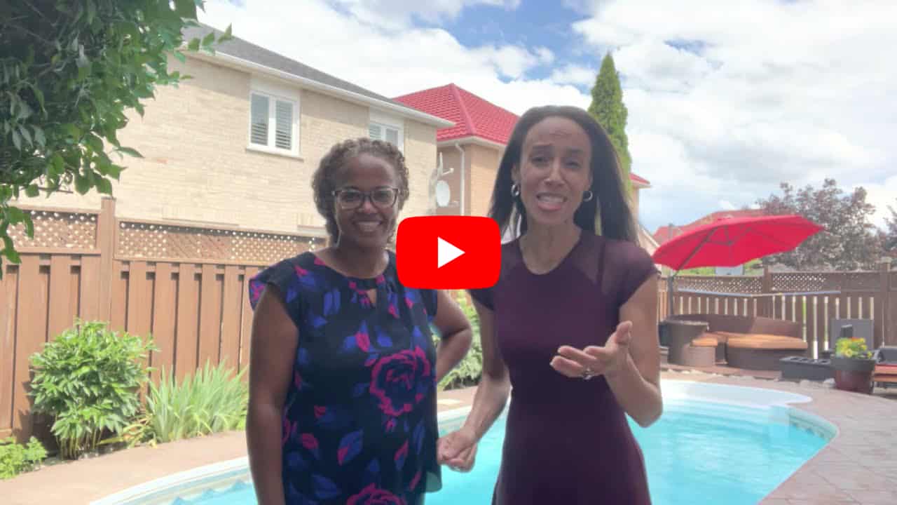 Sample ad featuring two women standing in front of a pool.