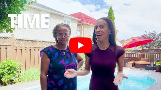 Two sample ad creatives featuring women near a pool.