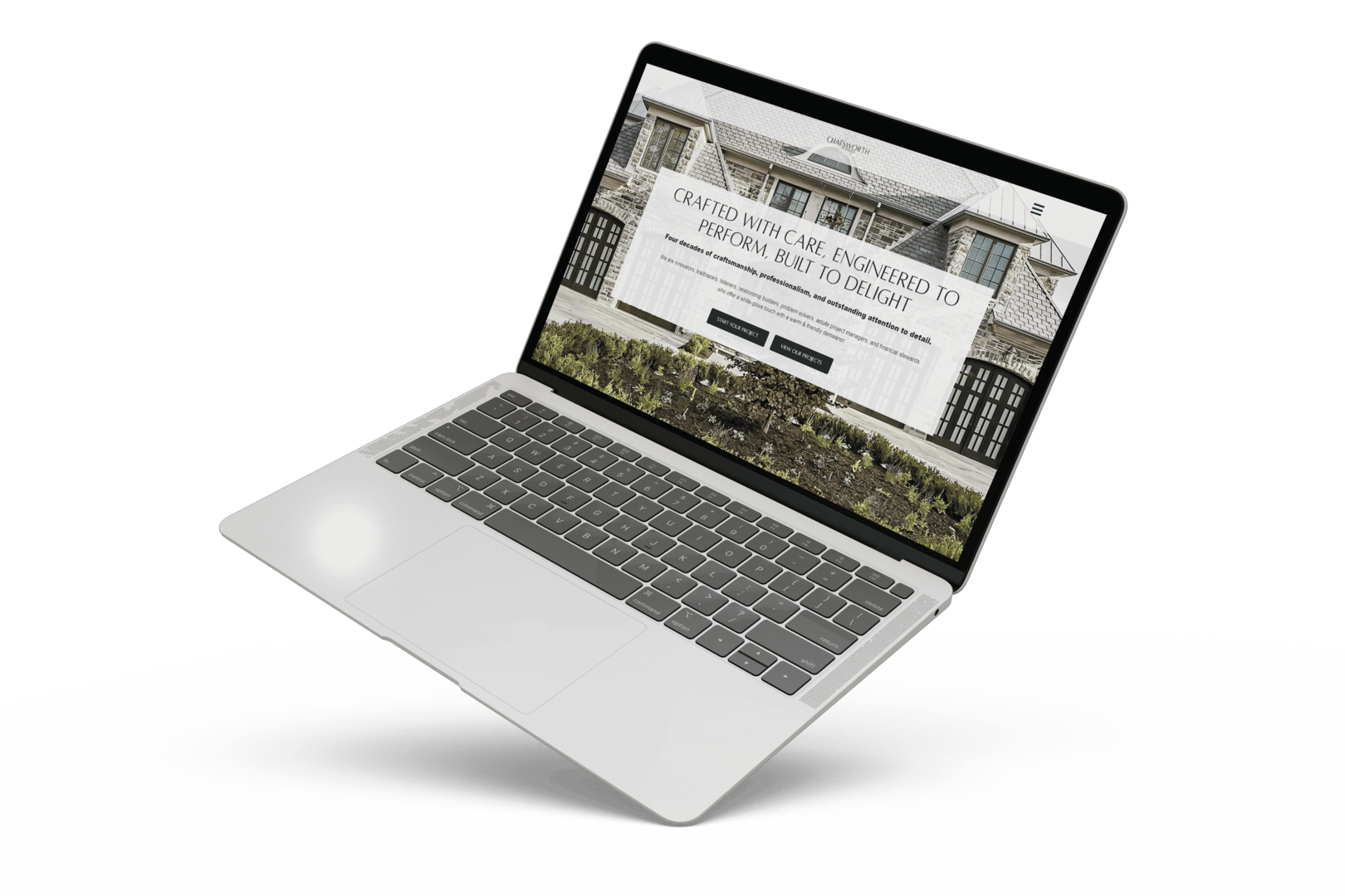 A laptop computer displaying the Portfolio of Chatsworth Fine Homes website.