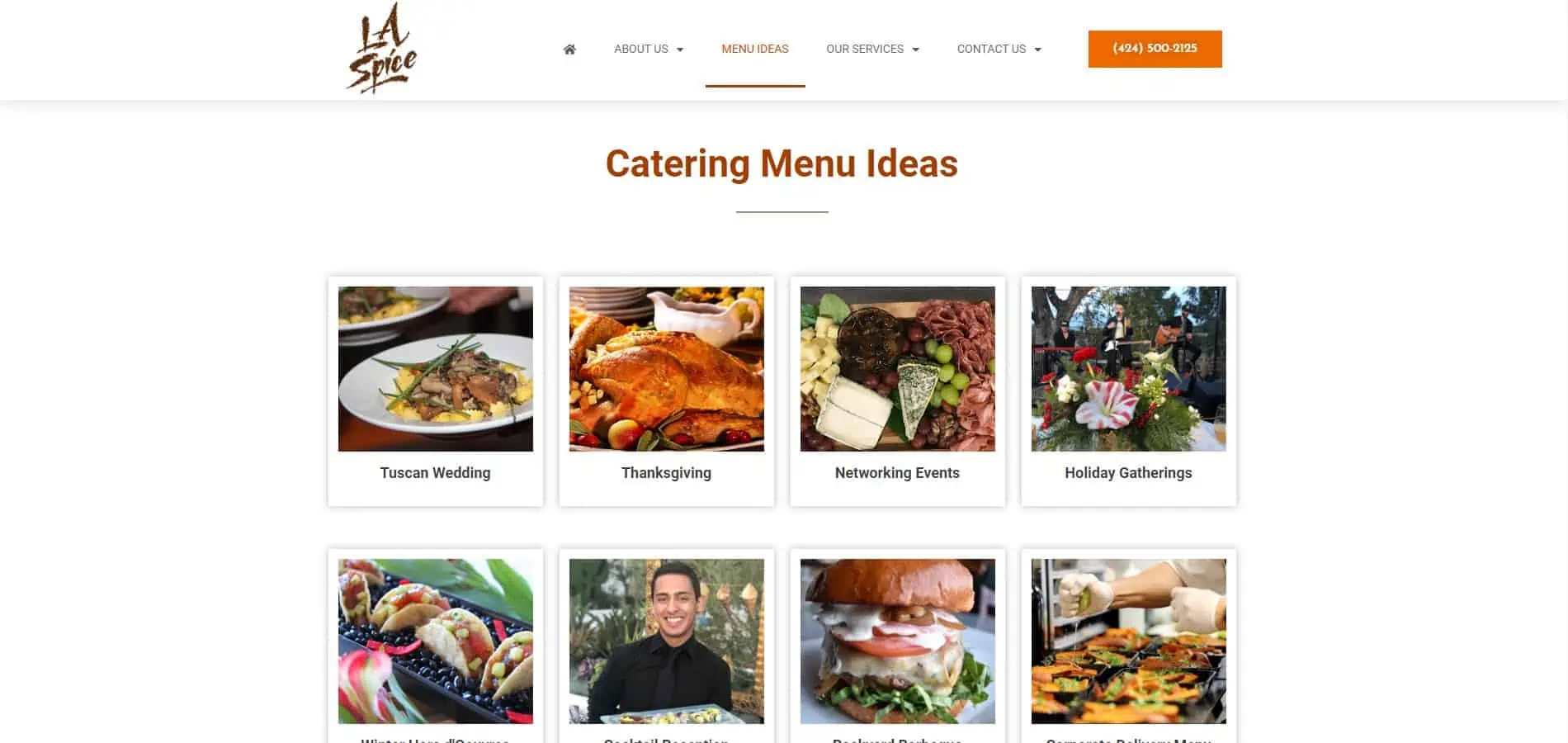 A website design for a catering menu.