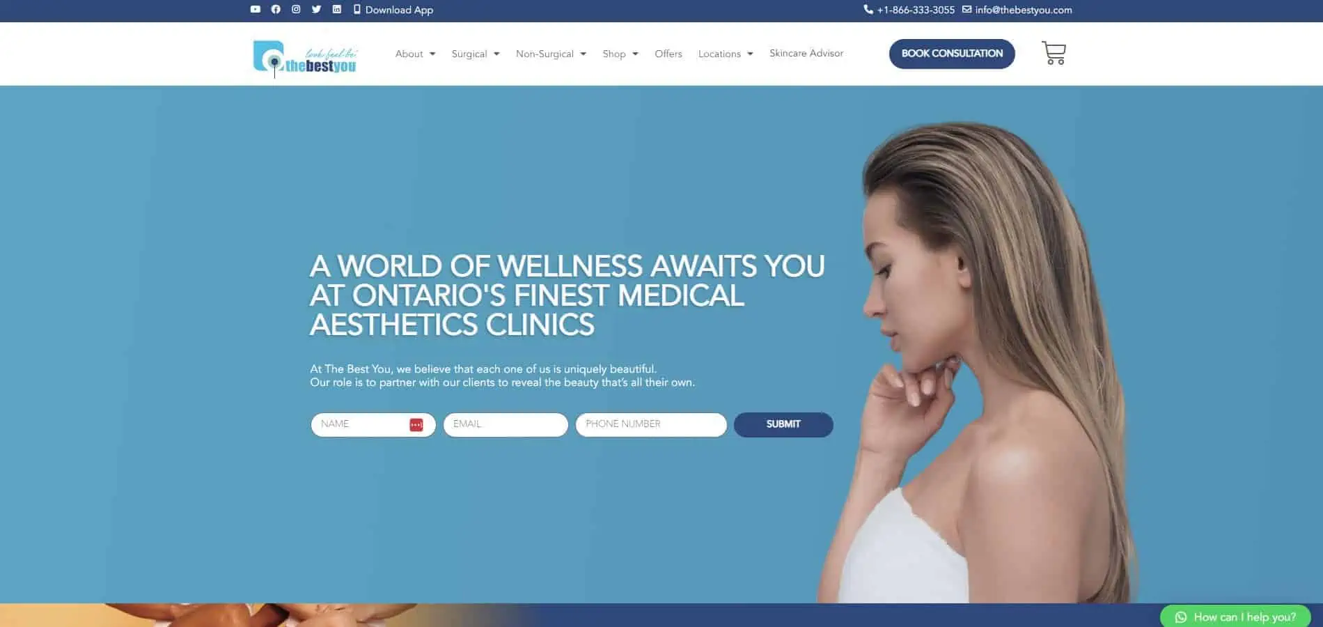 A website with a woman's face and a blue background.