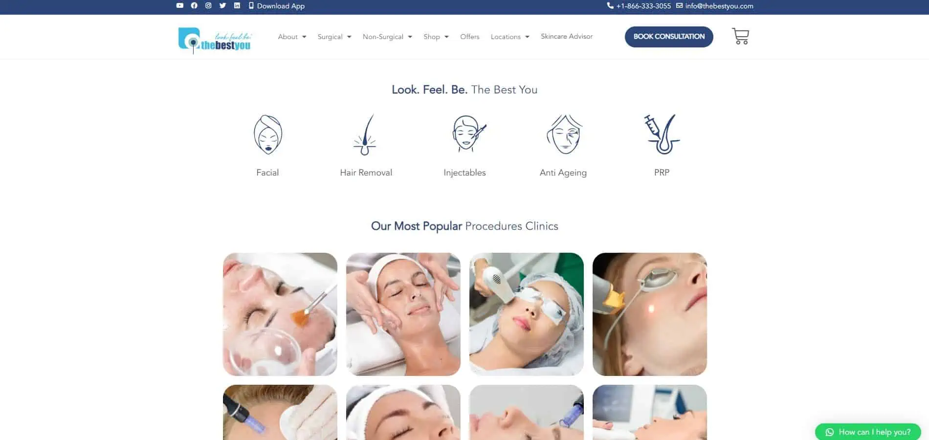 A website page for a skin care clinic.