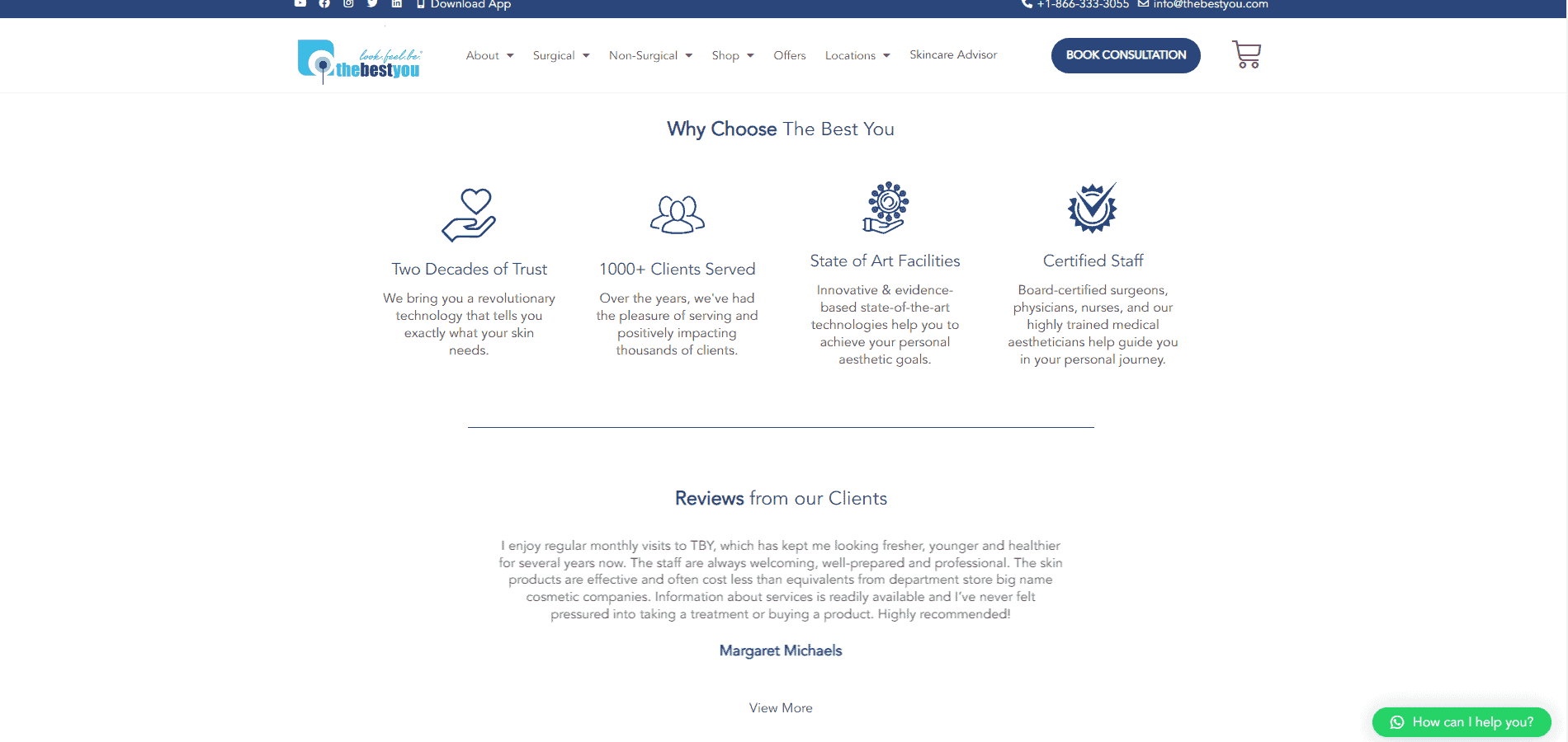 The homepage of a website with a blue and white design.