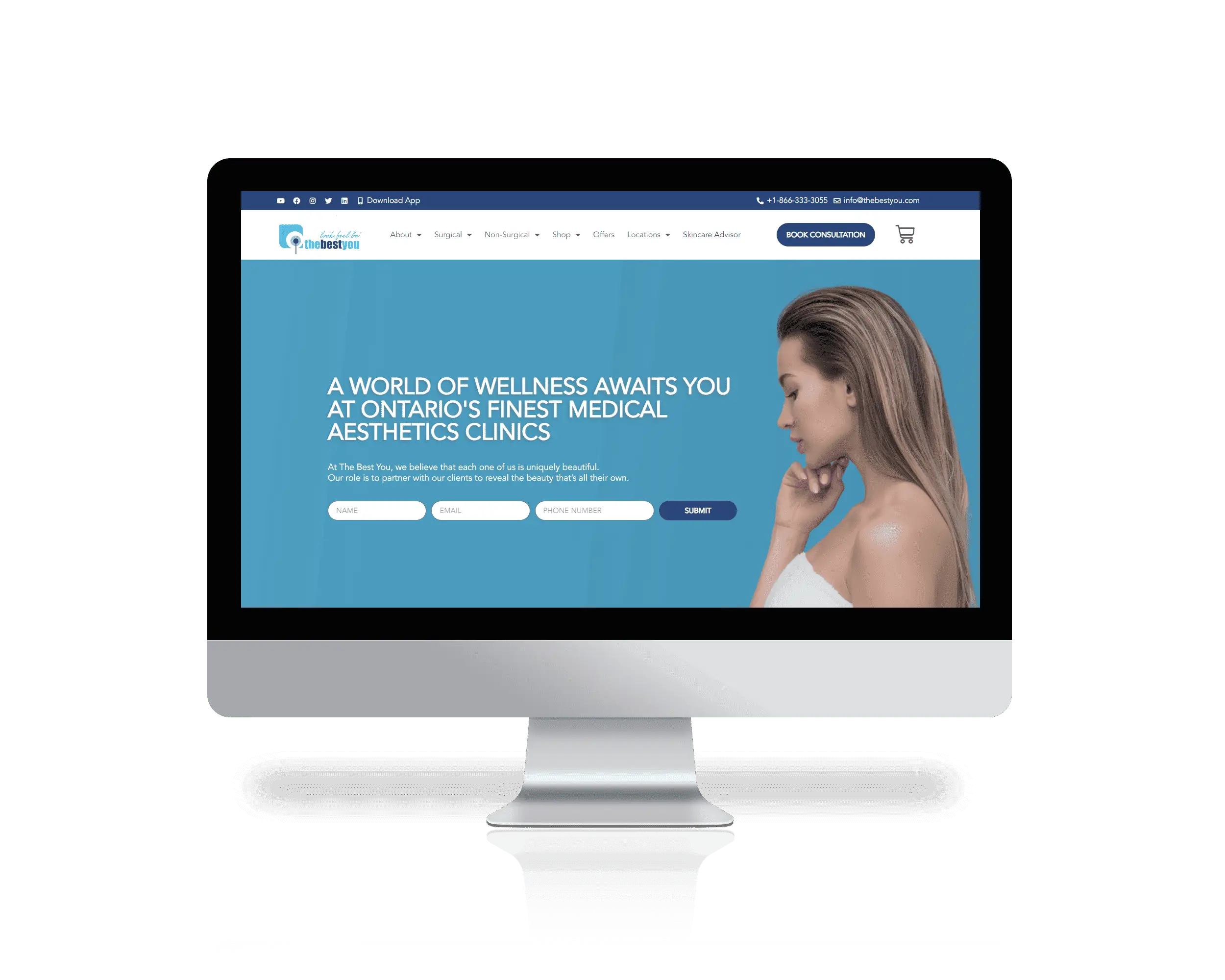 A computer screen showing a website for a cosmetic clinic.