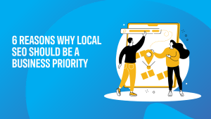 Lead Magnet | Pay Per Click Two illustrated people stand before a large digital tablet displaying a map. Text reads: "6 Reasons Why Local SEO Should Be a Business Priority." Blue background highlights the advantages of choosing a local SEO company.