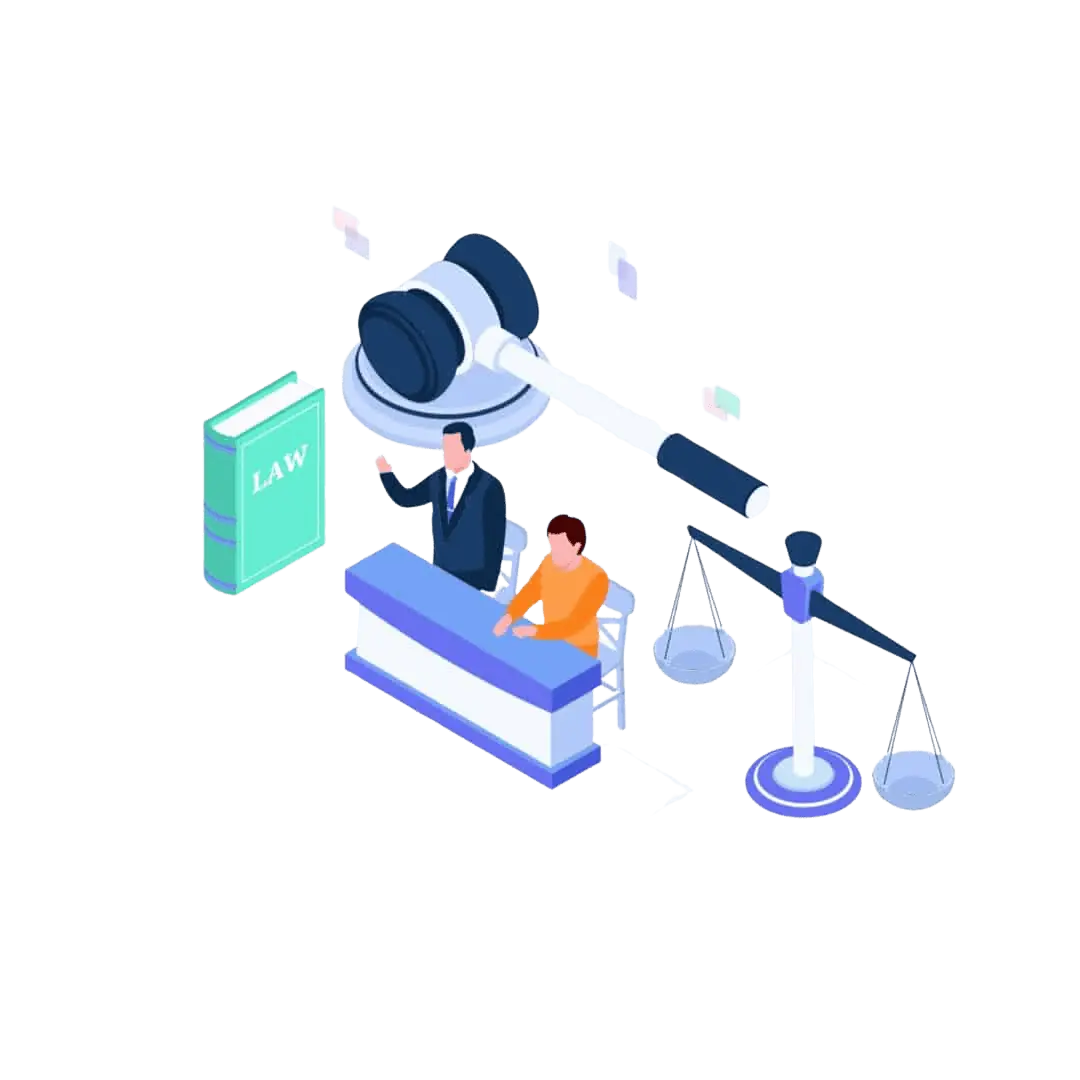 Isometric courtroom illustration with judge and lawyer for an SEO company in Ottawa.