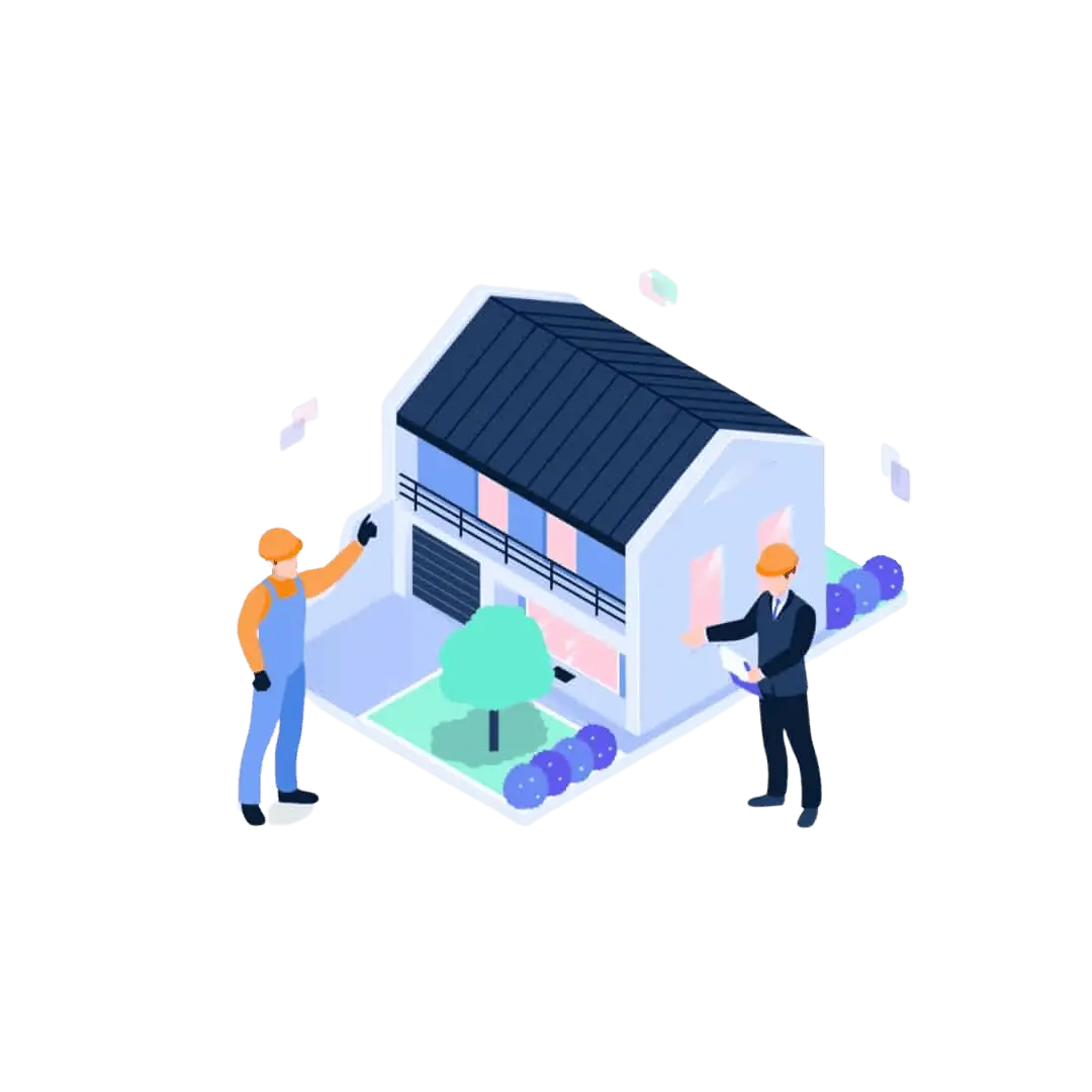 An isometric illustration featuring two men standing next to a house, showcasing the work of an Ottawa-based SEO company.