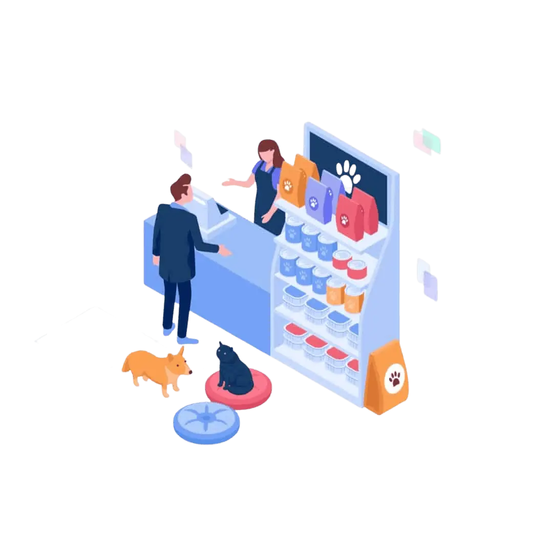 An isometric illustration of a pet store featuring two people and a dog, catering to the needs of those seeking assistance from an SEO company in Ottawa.