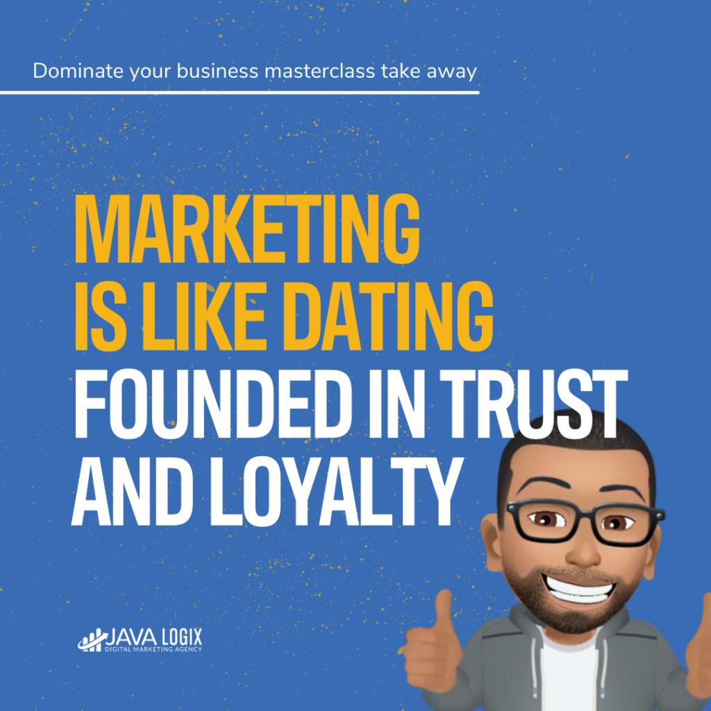 Top Marketing Consultant Toronto - Personalized Strategies A cartoon man with glasses gives two thumbs up next to the text, "Marketing is like dating—founded in trust and loyalty," on a blue speckled background, perfect for a Marketing Consultant Toronto branding campaign, Marketing Consultant Toronto