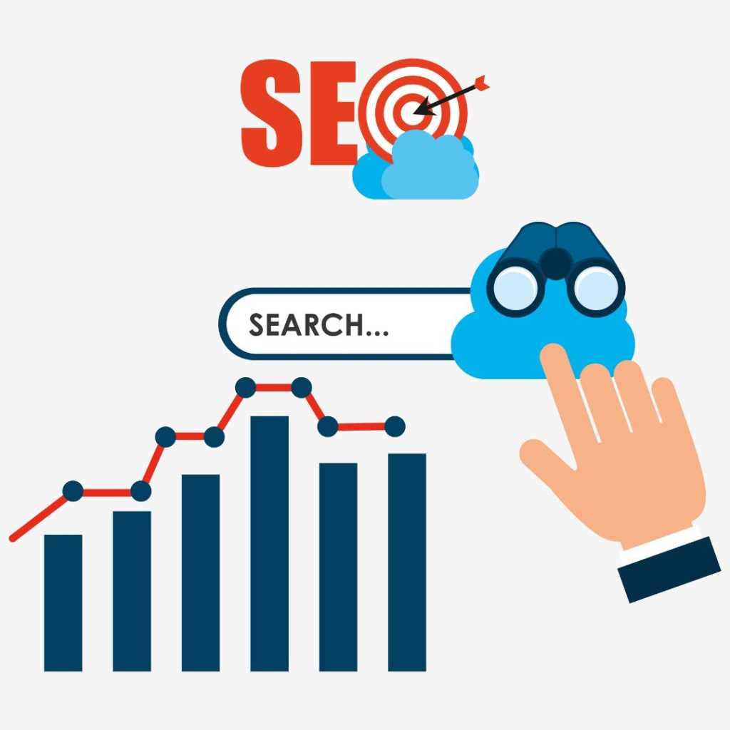 Graphic illustrating how to manage SEO efforts with a bar graph, search bar, target, cloud, and a hand using binoculars, all depicted in a simple, colorful design, seo kanata, outdated seo practices