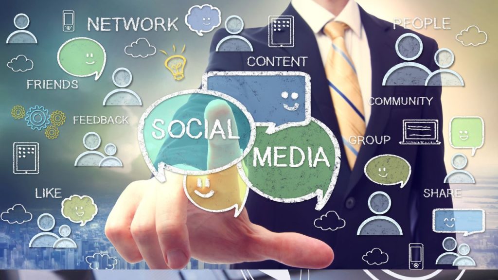 Person in a suit interacts with floating social media icons and words like "Network," "Content," and "Community" amid digital graphics of people and chat bubbles, embodying the essence of nurturing your customers. nurture your customers