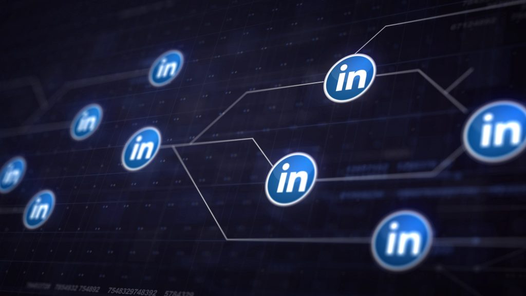 Social Media And Business: Choose The Right Platform For Your Business Blue LinkedIn logos connected by lines on a dark digital network background, highlighting how to pick the best social media platform for your professional connections, how to pick the best social media platform