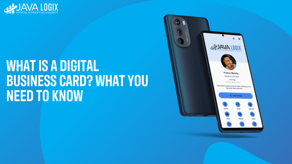 A smartphone showcases a digital business card interface with a profile image and contact icons against a blue backdrop. Text reads: "What is a digital business card? What you need to know about maximizing the ROI of your professional networking, ROI of Your Professional Networking via Digital Business Cards, enhance your networking with digital business cards