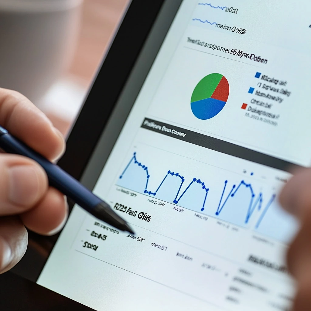 A person skillfully navigates a stylus near a tablet screen, interpreting analytical charts and graphs. Among the visuals, pie charts and line graphs reveal data trends crucial for understanding PPC strategies and statistics.