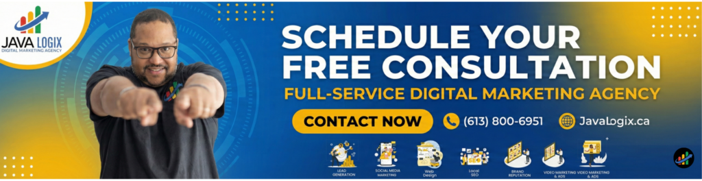 How to Get Actionable Insights From a Comprehensive SEO Audit Man pointing at the camera with text promoting a free consultation and comprehensive SEO audit from Java Logix, a full-service digital marketing agency. Contact info and service icons are also displayed.