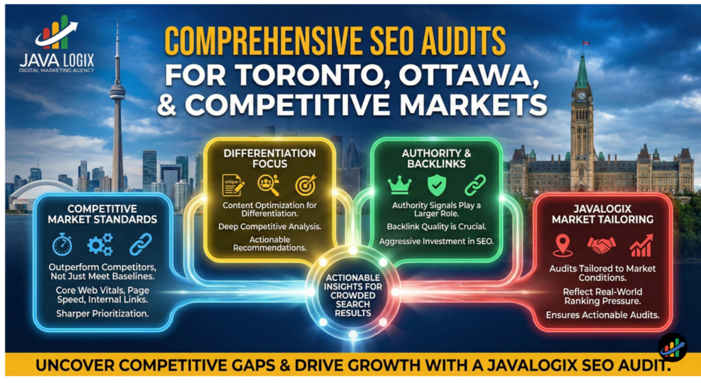 How to Get Actionable Insights From a Comprehensive SEO Audit Infographic explaining components of a comprehensive SEO audit for Toronto, Ottawa, and competitive markets, highlighting market standards, differentiation, authority, and tailored strategies.
