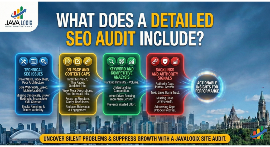 How to Get Actionable Insights From a Comprehensive SEO Audit Infographic outlining components of a comprehensive SEO audit: technical issues, content gaps, keyword analysis, backlink signals, and actionable insights for performance. JAVALOGIX branding shown.